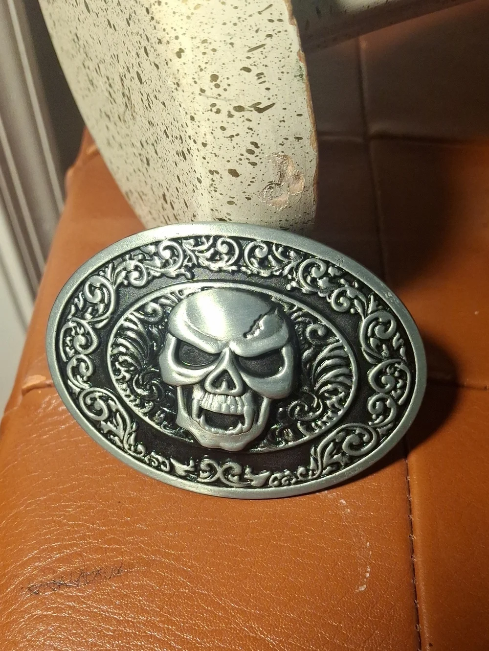 Men's Silver Skull Oval Belt Buckle - Ornate Gothic Accent